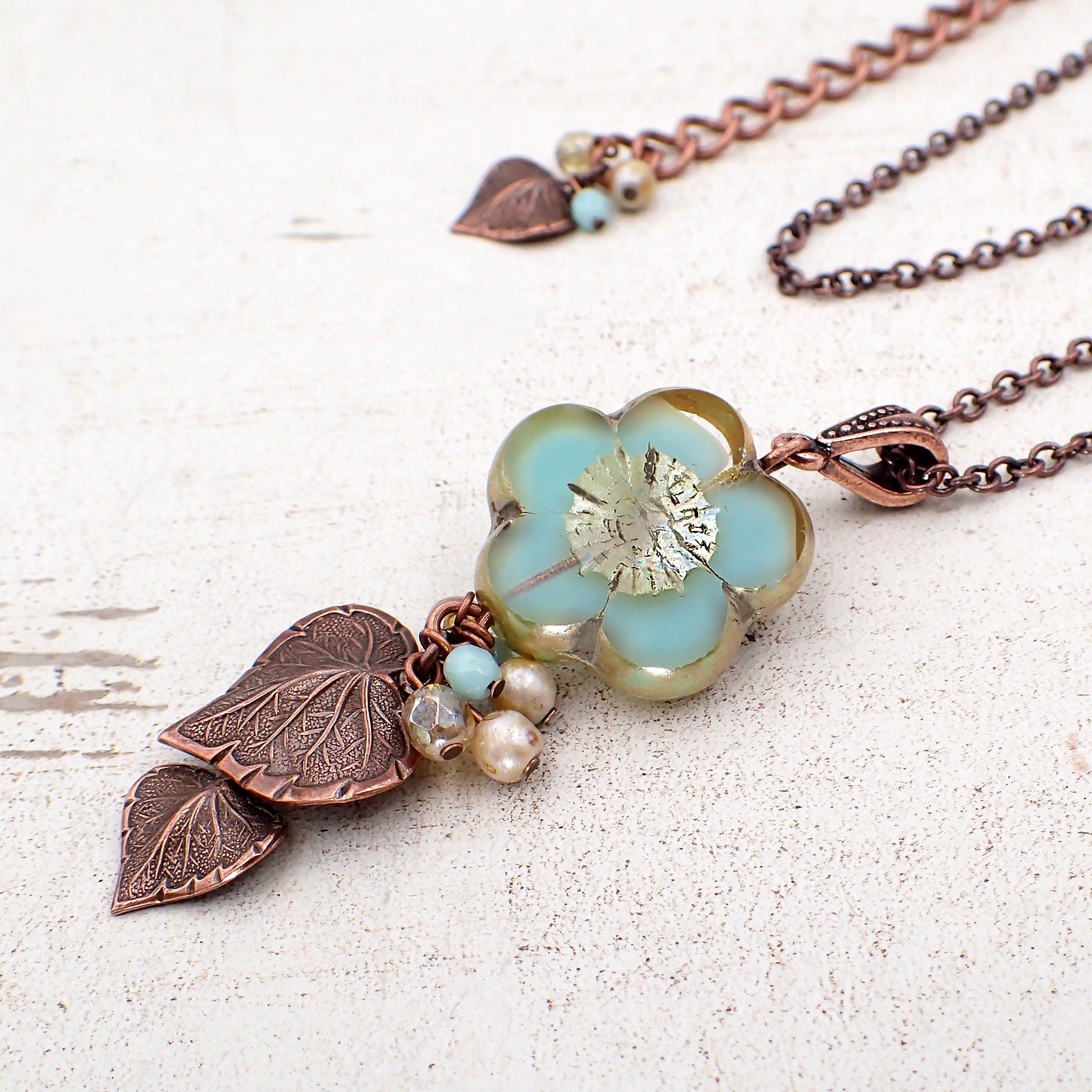 Copper Leaf Necklace Delicate Necklace Copper Necklace Bead Jewelry Gift  for Wife Aqua Copper Series 
